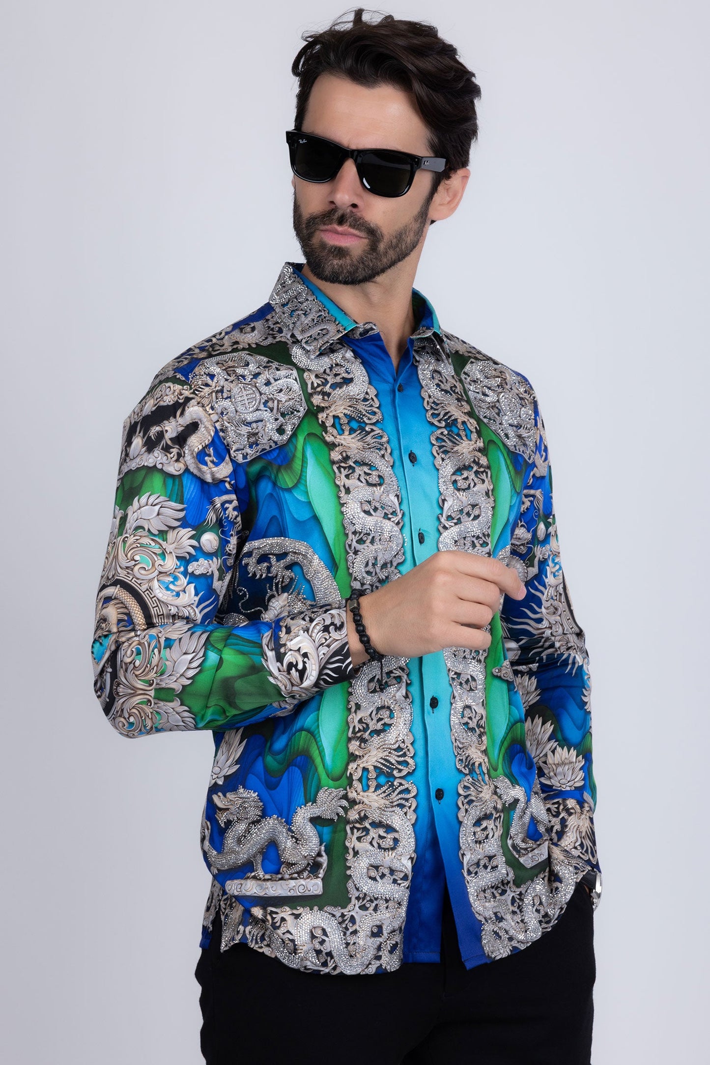 West Dragon Rhinestone Long Sleeve Shirt