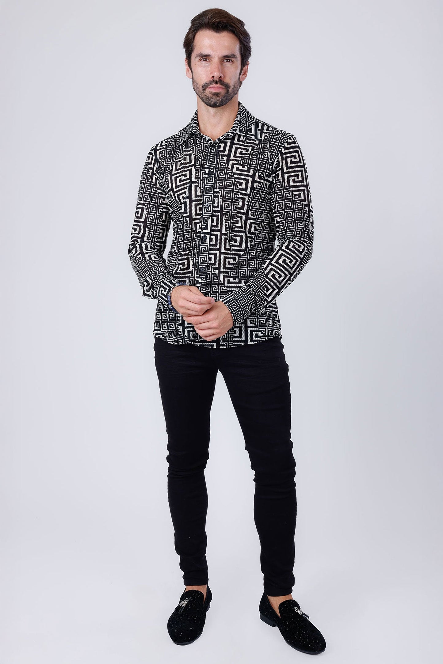 Mykonos Greek Key Pattern Long Sleeve Shirt