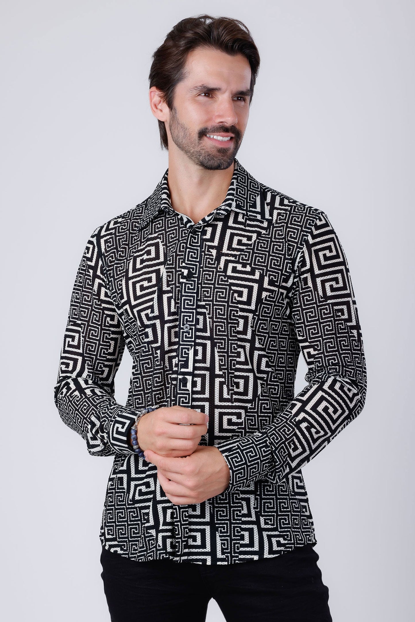 Mykonos Greek Key Pattern Long Sleeve Shirt
