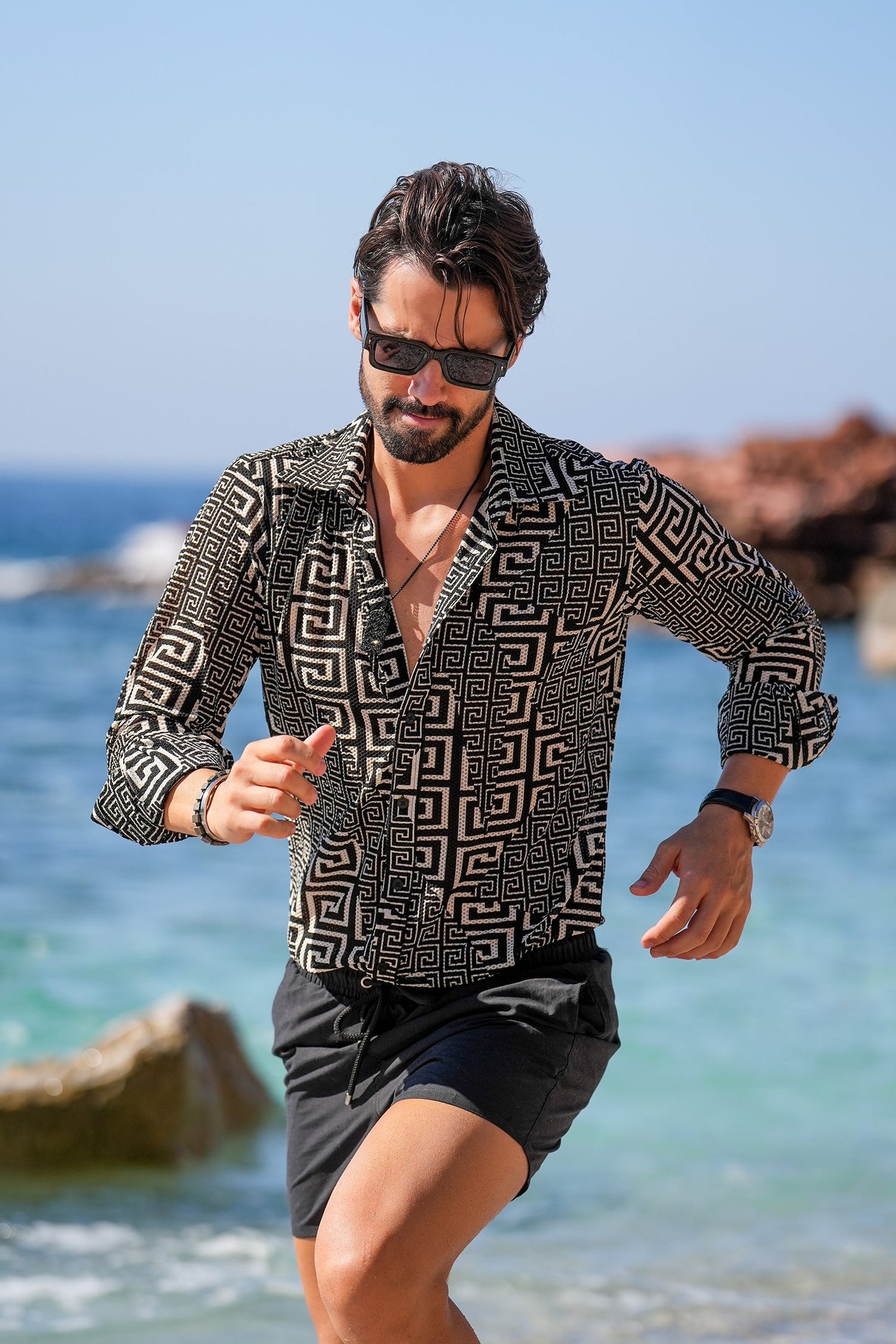 Mykonos Greek Key Pattern Long Sleeve Shirt